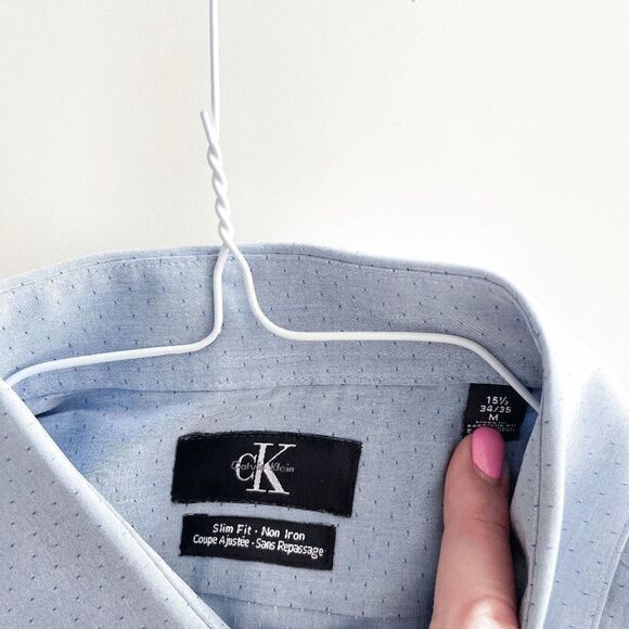 Calvin Klein Mens Slim Fit Non Iron Shirt Button Down Long Sleeve Blue Medium - Picture 4 of 7